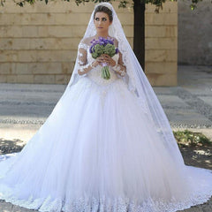 Long Sleeves Vintage Arabic Wedding Dresses Lace Tulle Ball Gowns - MyChicDress