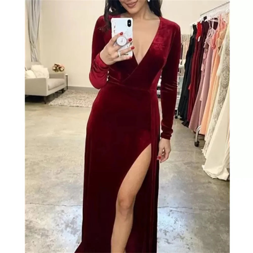 Long Sleeves Velvet Formal Dress burgundy Wedding Guests Split