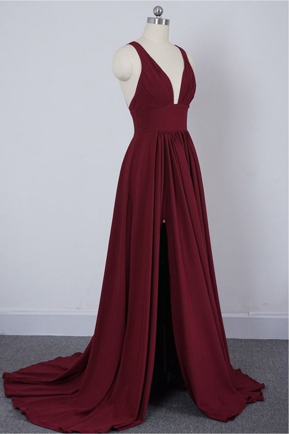 Long Straps V Neck Burgundy Beach Wedding Guest Dress High Slit