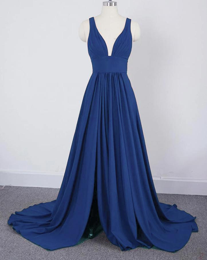 Long Straps V Neck navy blue Beach Wedding Guest Dress High Slit