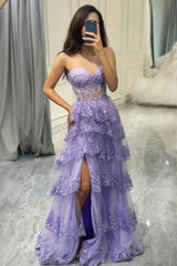 Long Sweetheart Lavender Tiered Formal Dress with Appliques