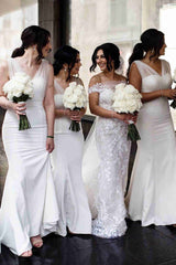 Long Tulle V-Neck Mermaid Boho White Bridesmaid Dresses