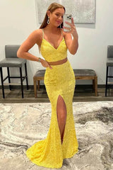 Mermaid 2 piece Sequins Prom Dress Yellow Sweetheart with Split MyChicDress