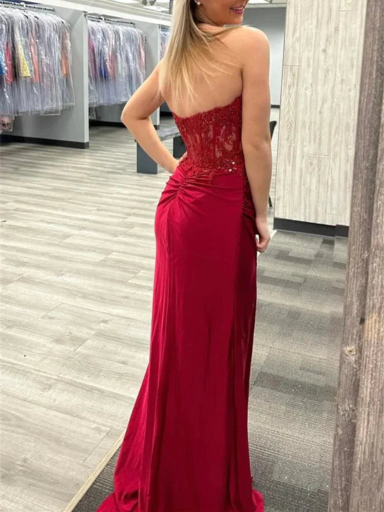 Mermaid Long Beaded Burgundy Lace Prom Dresses Strapless MyChicDress