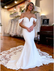 Mermaid Satin Lace Formal Wedding Dresses Off the Shoulder Sleeveless MyChicDress