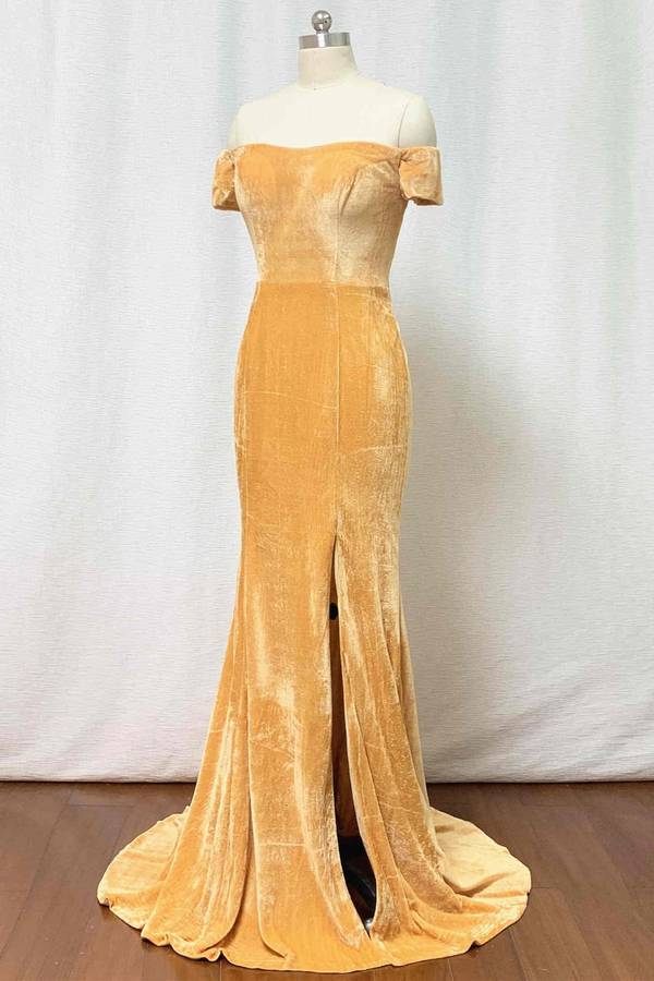 Mermaid Velvet Bridesmaid Dress Off Shoulder Gold Wedding Formal Dress MyChicDress