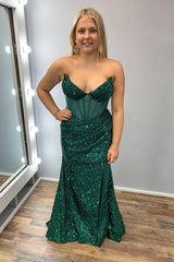 Mermaid Emerald Green Prom Dresses V Neck Sequin Long Evening Dress