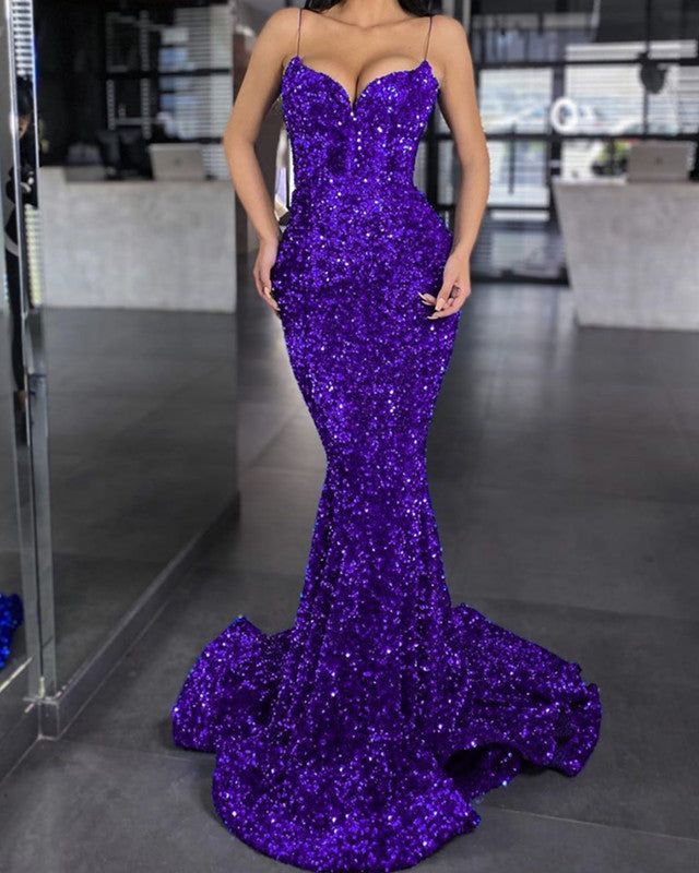 Mermaid Purple Sequin Prom Dress VNeck Formal GownSpaghetti Strap