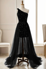 Mermaid Sequined Black Hoco Dresses One Shoulder Prom Dress