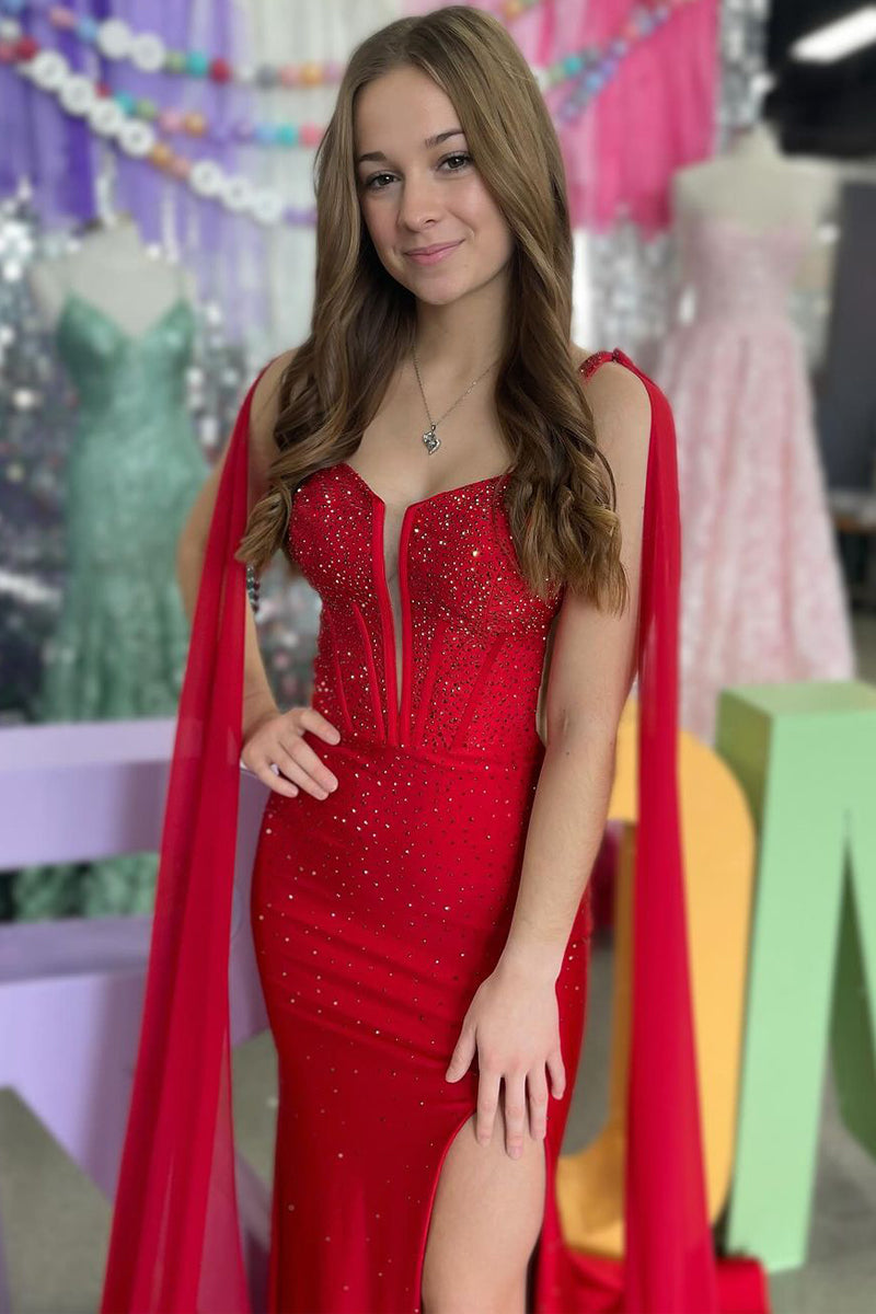 Red Prom Dresses Satin Beading Mermaid V Neck  with Cape Mychicdress