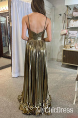 Metallic Keyhole Prom Dress Gold Spaghetti Strap with Slit