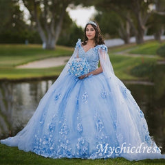 Mexican Sky Blue Quinceanera Dresses 3D Flower Appliques With Cape