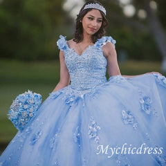 Mexican Sky Blue Quinceanera Dresses 3D Flower Appliques With Cape