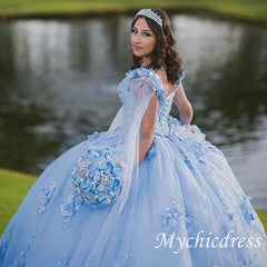 Mexican Sky Blue Quinceanera Dresses 3D Flower Appliques With Cape