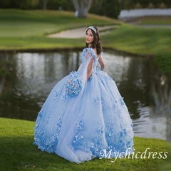 Mexican Sky Blue Quinceanera Dresses 3D Flower Appliques With Cape