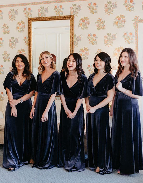 Mismatched Navy Blue Winter Bridesmaid Dresses Velvet Wedding Guest Dress MyChicDress