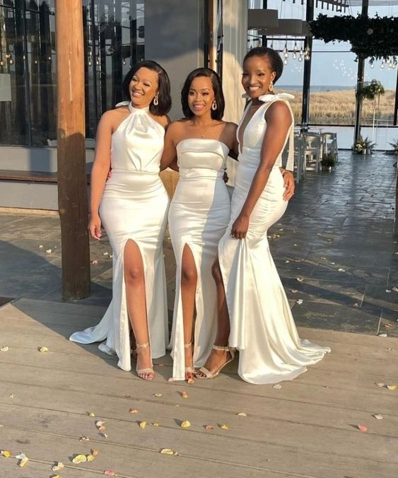 Mismatched White Stretch Satin Bridesmaid Dresses Mermaid with split - MyChicDress