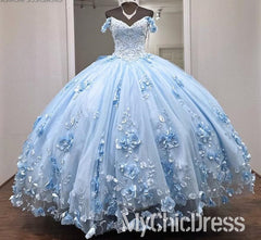 Modern 3D Flowers Baby BLue Quinceanera Dresses Off the Shoulder