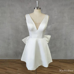 Modern Short Wedding Dress Satin V-Neck with Bow