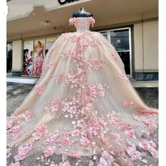 New 2024 Lace Pink Quinceanera Dress Off The Shoulder 3D Flowers Sweet 16 Dress MyChicDress