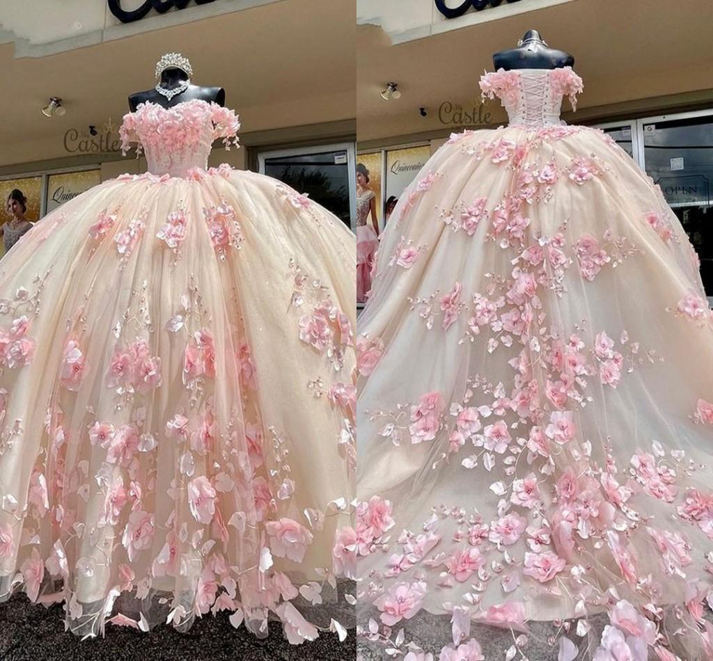 New 2024 Lace Pink Quinceanera Dress Off The Shoulder 3D Flowers Sweet 16 Dress MyChicDress