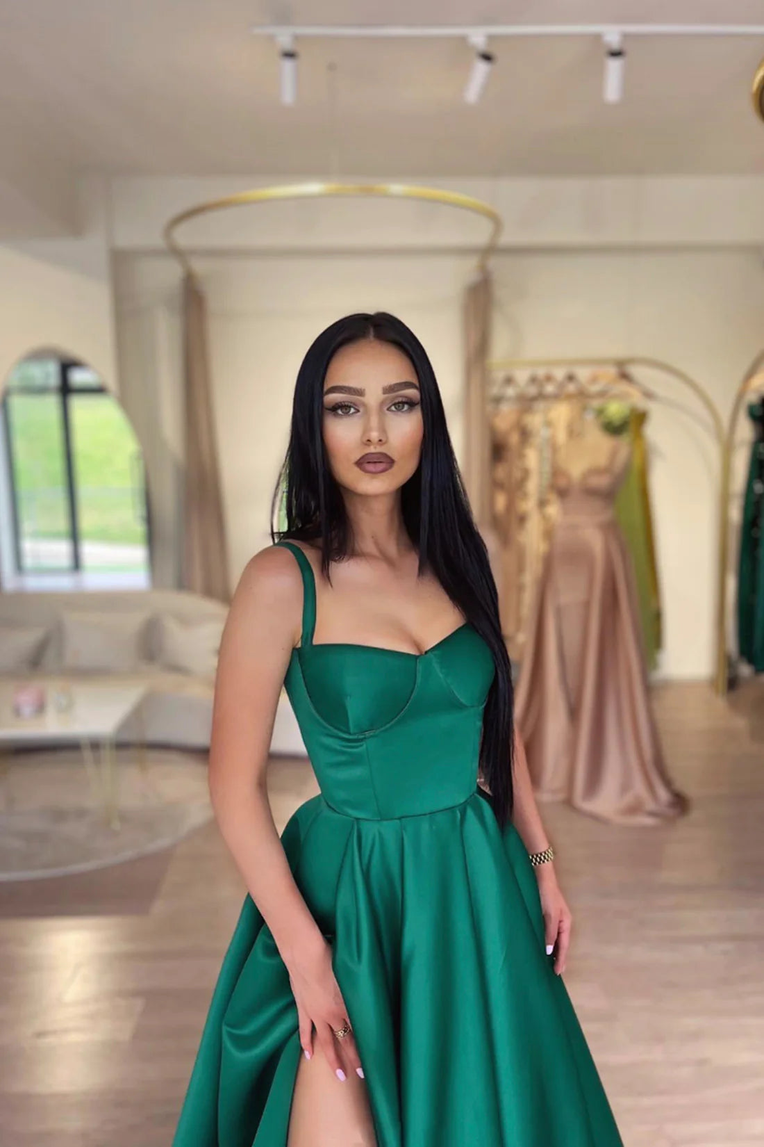 New Satin Emerald Green Prom Dress Long A-Line Evening Dresses MyChicDress