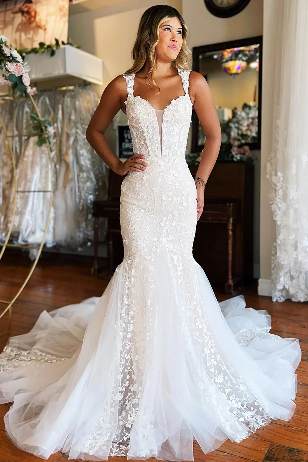 New White Lace Wedding Dress Mermaid Long Sweep Train MyChicDress