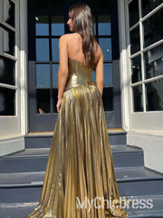 New Gold Metallic Prom Dresses Pleated Strapless Long Formal Dress