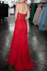 New Halter Red Prom Dress Lace Appliques Mermaid with Slit