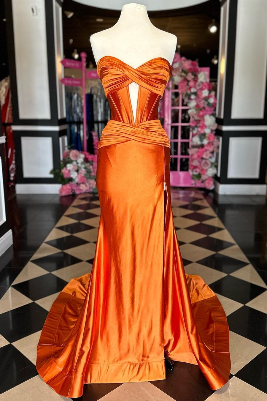 New Orange Prom Dress Satin Strapless Mermaid Mychicdress