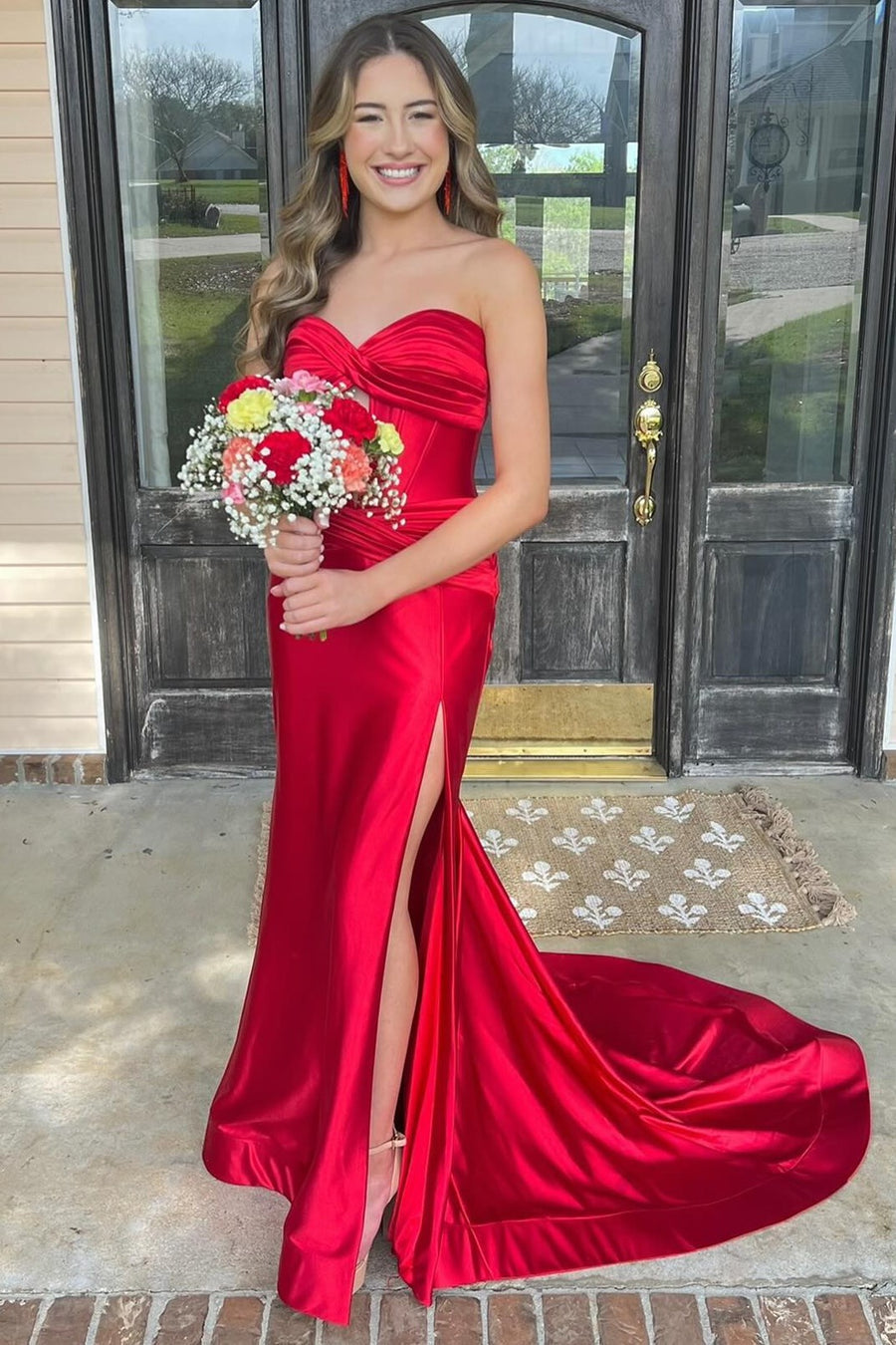 New red Prom Dress Satin Strapless Wedding Guest Dress Mermaid Mychicdress