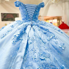 Off Shoulder Sweet 16 Dress Sky Blue Quinceanera Dresses Applique with 3D Flowers MyChicDress