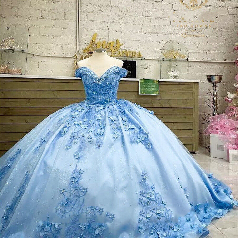 Off Shoulder Sweet 16 Dress Sky Blue Quinceanera Dresses Applique with 3D Flowers MyChicDress