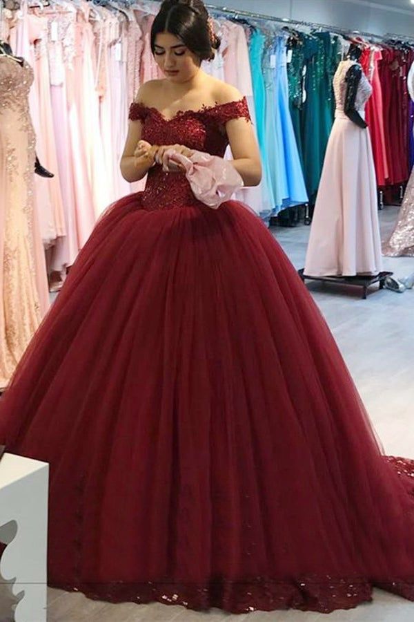 Off Shoulder Tulle V-neck Lace Burgundy Wedding Dresses Ball Gowns MyChicDress