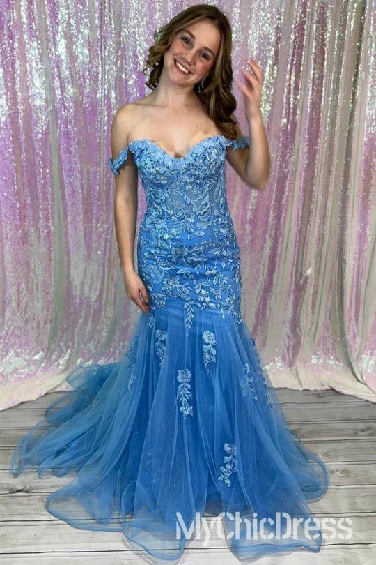 Off-Shoulder Blue Lace Prom Dresses Mermaid Appliques Tulle