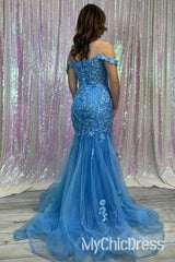 Off-Shoulder Blue Lace Prom Dresses Mermaid Appliques Tulle