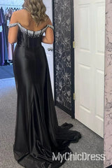 Off-Shoulder Empire Beaded Prom Dress Black Mermaid With Train