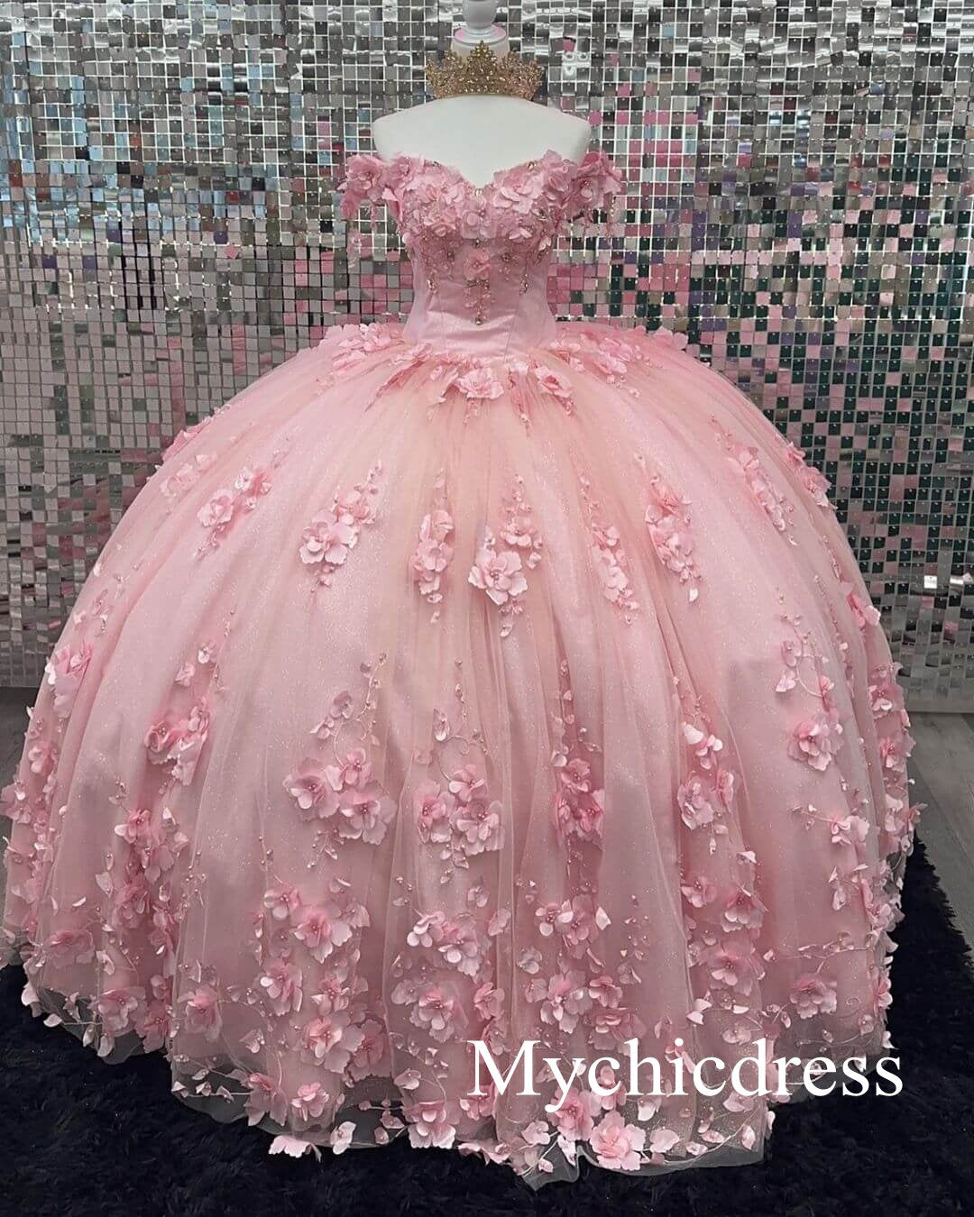 Off Shoulder Corset Pink Quinceanera Dresses 3D Flowers Appliques