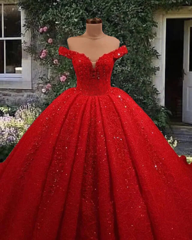 2024 Off Shoulder Glitter Ball Gown Wedding Dresses Red Sequin Bridal ...
