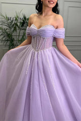 Off Shoulder Lavender Prom Dress 2025 A-Line Tulle with Beaded