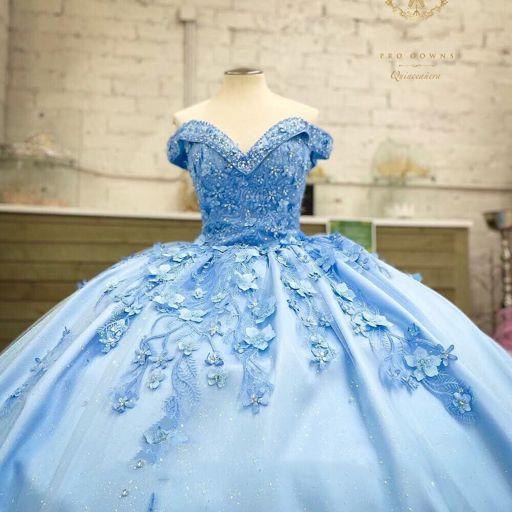 Off Shoulder Sweet 16 Dress Sky Blue Quinceanera Dresses Applique with 3D Flowers