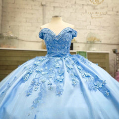 Off Shoulder Sweet 16 Dress Sky Blue Quinceanera Dresses Applique with 3D Flowers