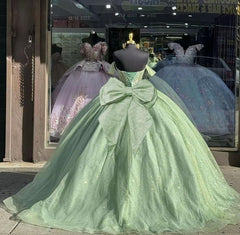 Off the shoulder Glitter Sage Green Quince Dresses Beaded with Bow