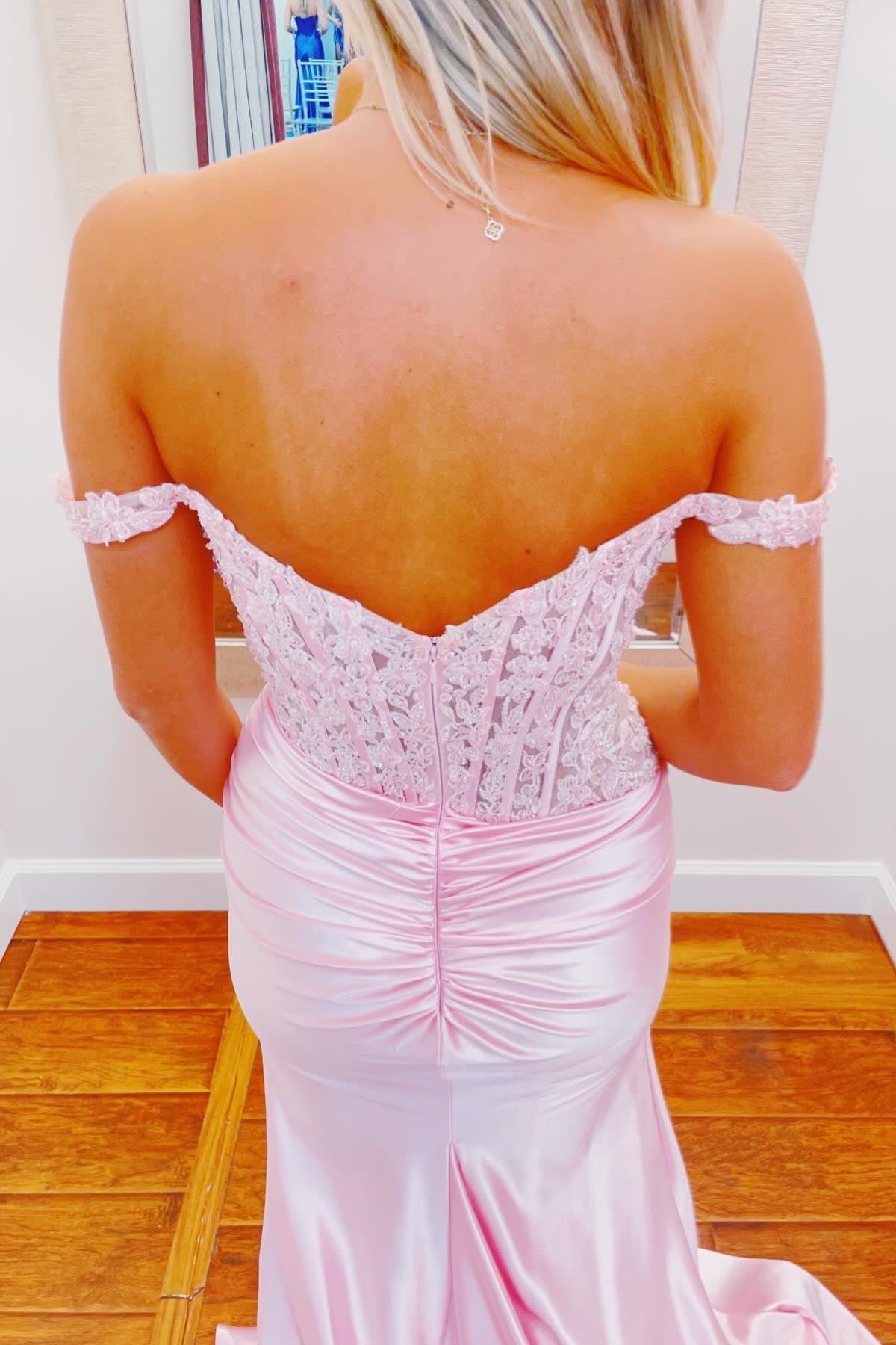 Off the Shoulder Prom Dress Light Pink Appliques Long  -mychicdress