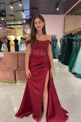 Off the Shoulder formal Dress burgundy Mermaid Satin Beaded With Applique Mychicdress