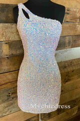 Hot Glitter 2024 Sequin Homecoming Dresses Tight One Shoulder Short Cocktail Dress