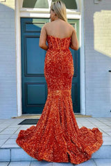 Mermaid Sequined Prom Dress Orange Sweetheart with Slit