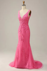 2025 Pink Lace Prom Dresses Mermaid Long Formal  Dresses V Neck