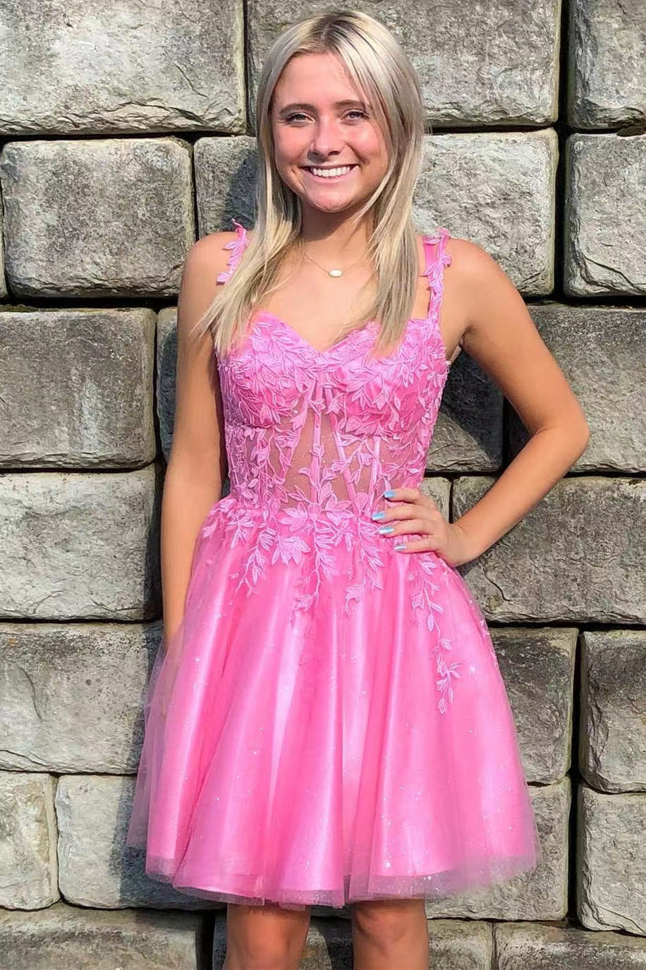 Pink Tulle Short A-Line Prom Dress, Lovely Spaghetti Straps Homecoming Party Dress US 14 / Picture Color