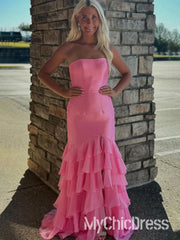 Pink Strapless Satin Mermaid Formal Dress Ruffles for Party